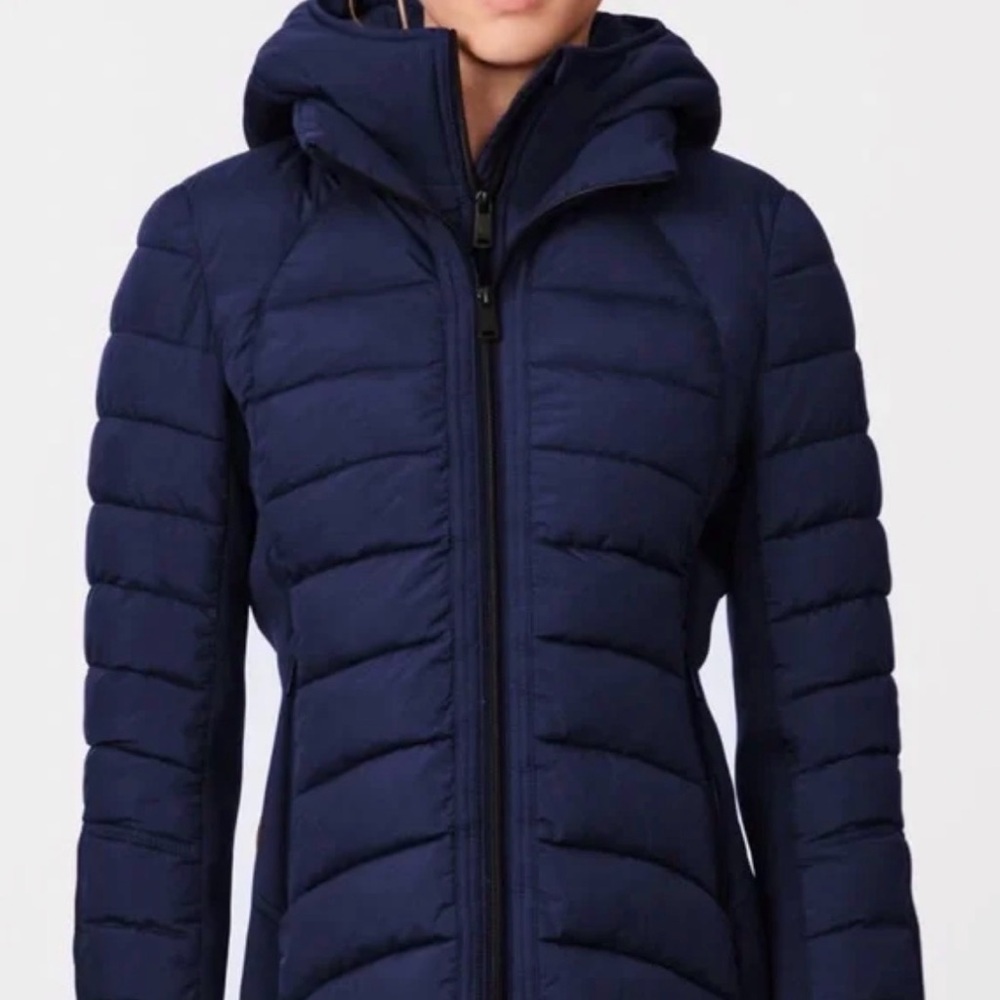 NWT Bernardo Hooded Puffer Jacket with Bib, Navy Small